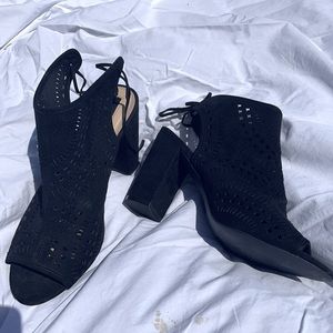 Black lace up cage chunky heels crochet cutout 10